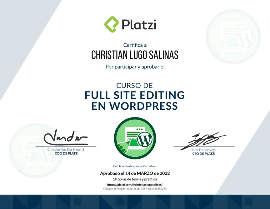 Diploma del Curso de Full Site Editing en WordPress