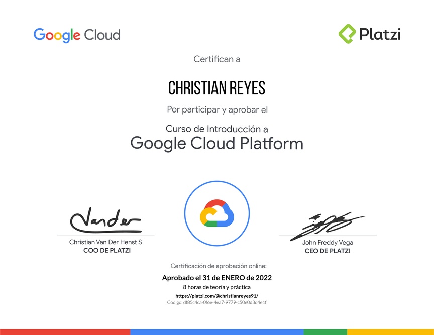 Diploma del Curso de Introducción a Google Cloud Platform