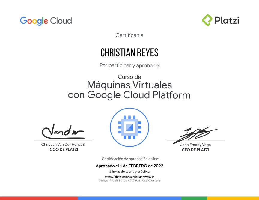 Diploma del Curso de Máquinas Virtuales con Google Cloud Platform
