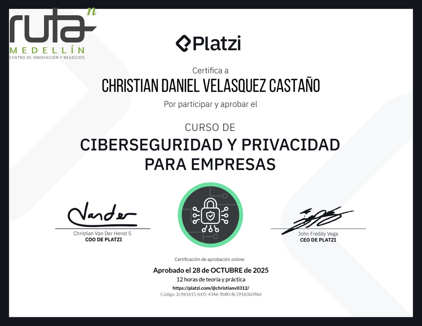 Diploma del Curso de Ciberseguridad y Privacidad para Empresas