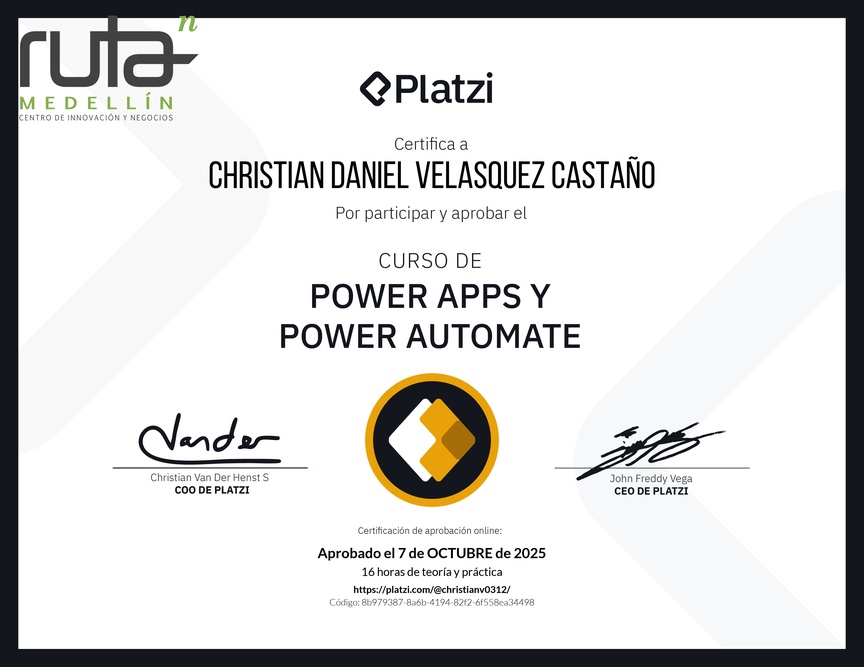 Diploma del Curso de Power Apps y Power Automate