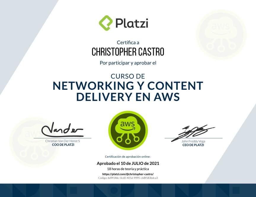 Diploma del Curso Práctico de Networking y Content Delivery en AWS