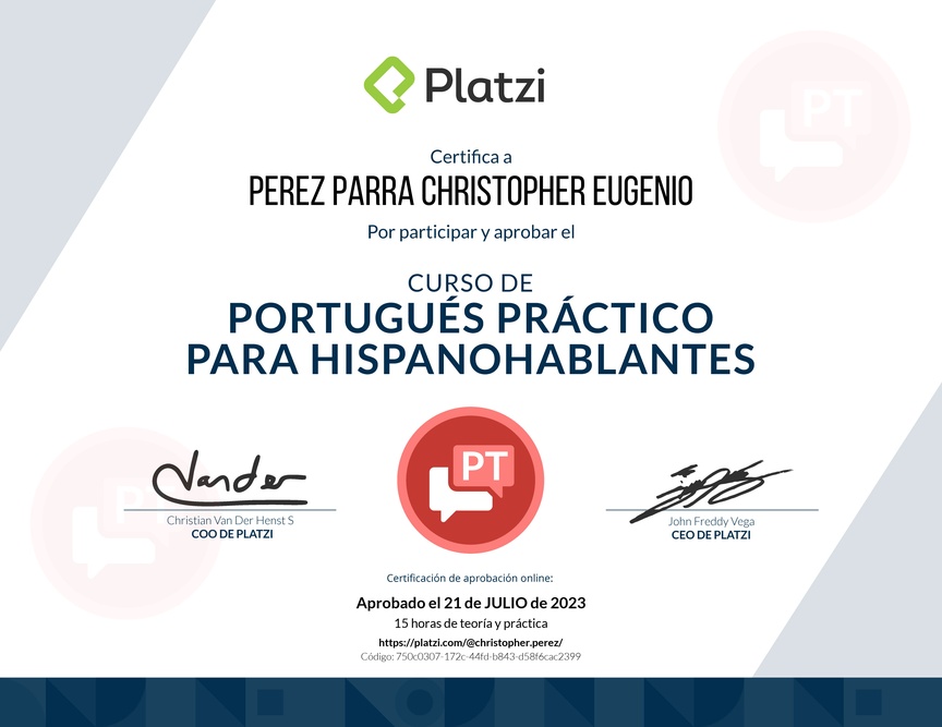 Diploma del Curso Práctico de Portugués para Hispanohablantes