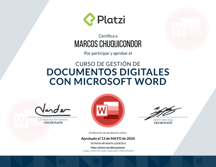 Diploma del Curso de Gestión de Documentos Digitales con Microsoft Word
