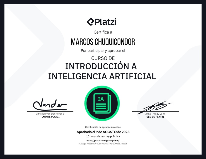 Diploma del Curso de Introducción a Inteligencia Artificial (2023)