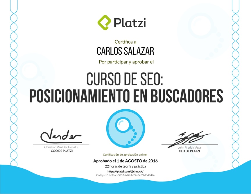 Diploma del Curso de SEO: Posicionamiento en buscadores 2016