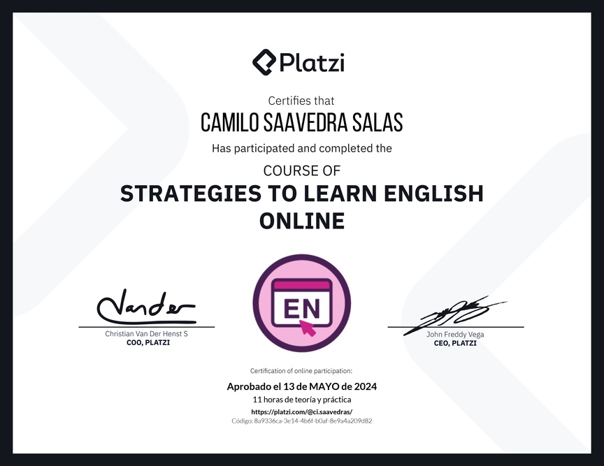 Diploma del Curso Gratis de Estrategias para Aprender Inglés en Línea
