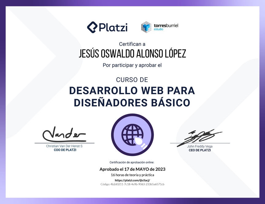 Diploma del Curso Desarrollo Web para Diseñadores