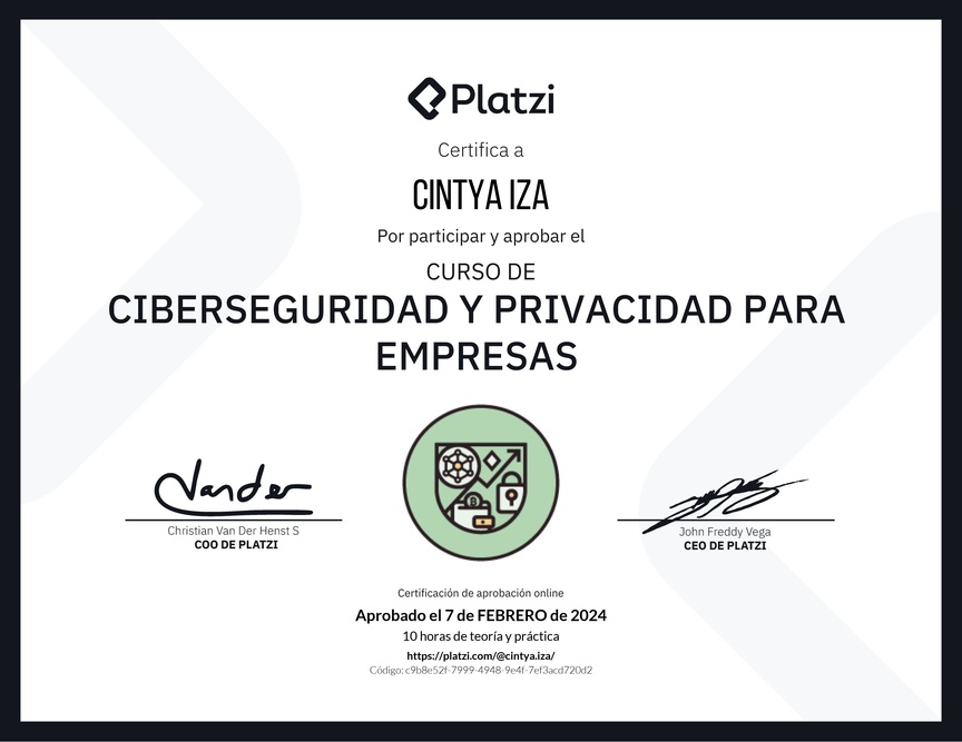 Diploma del Curso de Ciberseguridad y Privacidad Empresarial (2023)