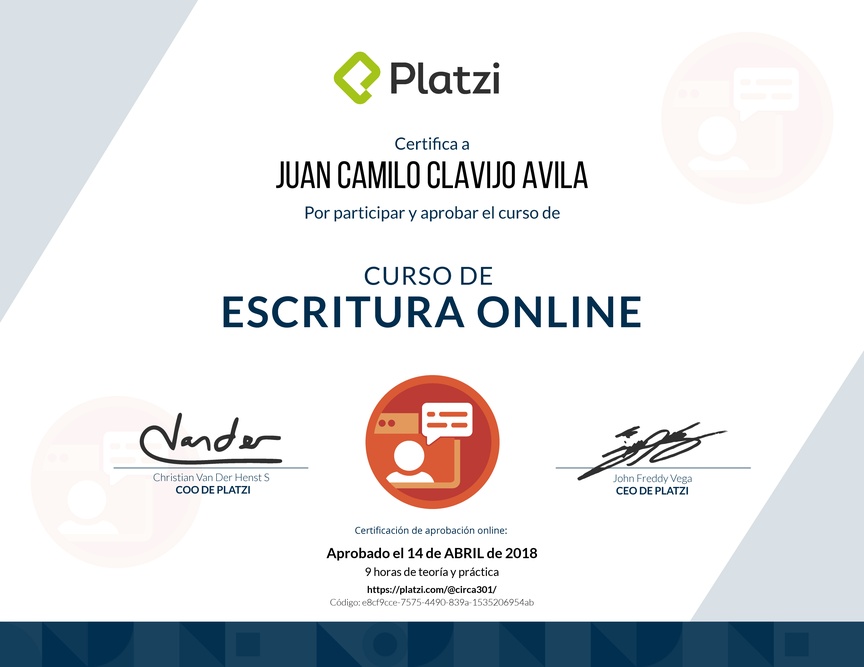 Diploma del Curso de Escritura Online 2018
