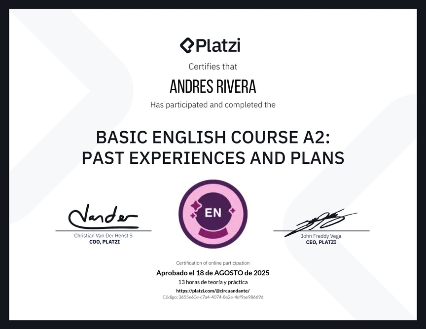 Diploma del Curso de Inglés Básico A2: Experiencias Pasadas y Planes