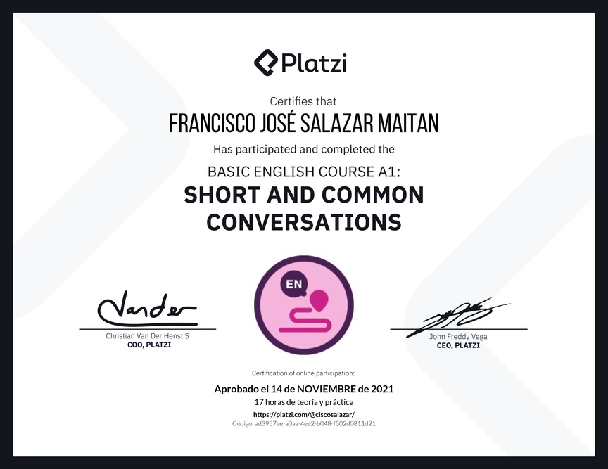 Diploma del Curso de Inglés Básico A1: Conversaciones Cortas y Habituales (2020)