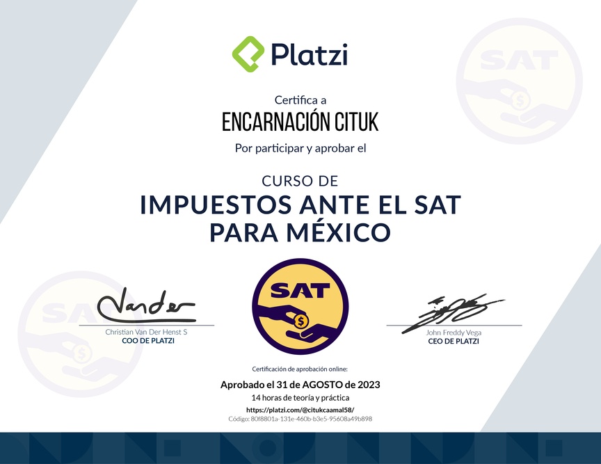 Diploma del Curso de Impuestos ante el SAT para México