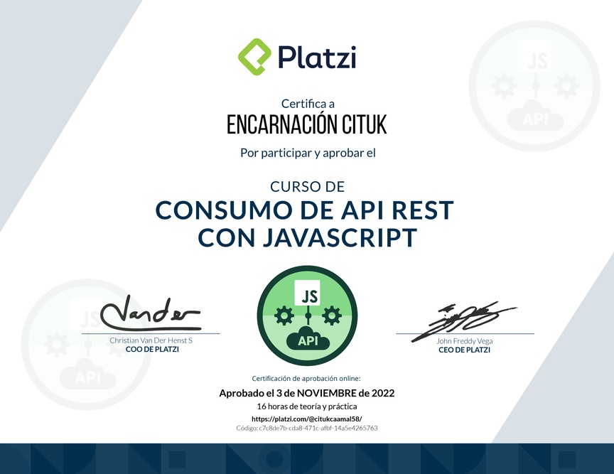 Diploma del Curso de API REST con Javascript: Fundamentos