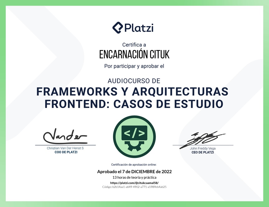 Diploma de Audiocurso de Frameworks y Arquitecturas Frontend: Casos de Estudio