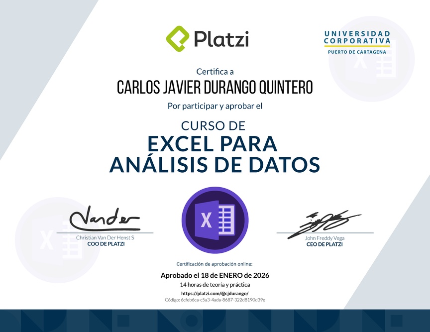 Diploma del Curso de Excel para el Análisis de Datos