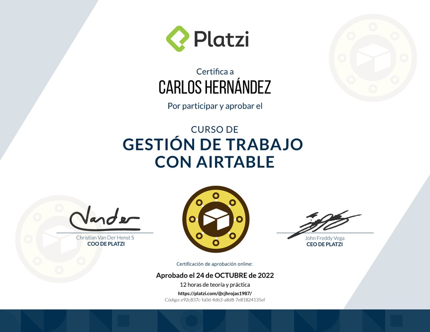 Diploma del Curso de Gestión de Trabajo con Airtable
