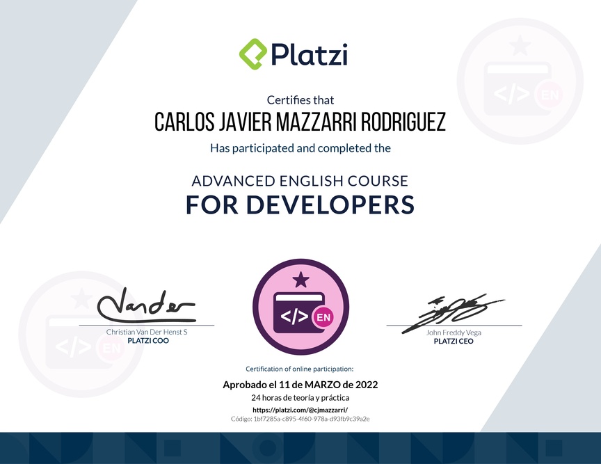 Diploma del Curso para Developers en Inglés (2020)