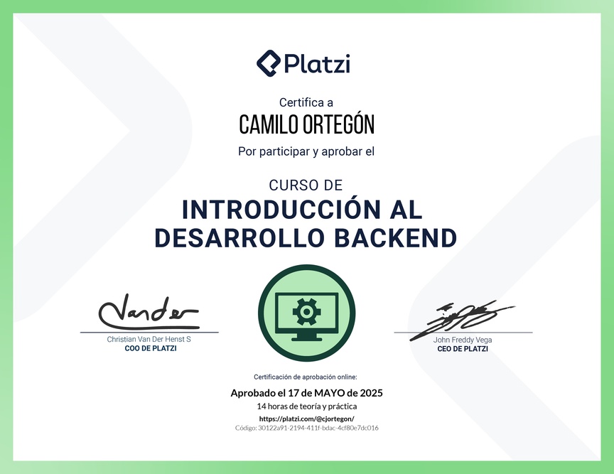 Diploma del Curso de Introducción al Desarrollo Backend