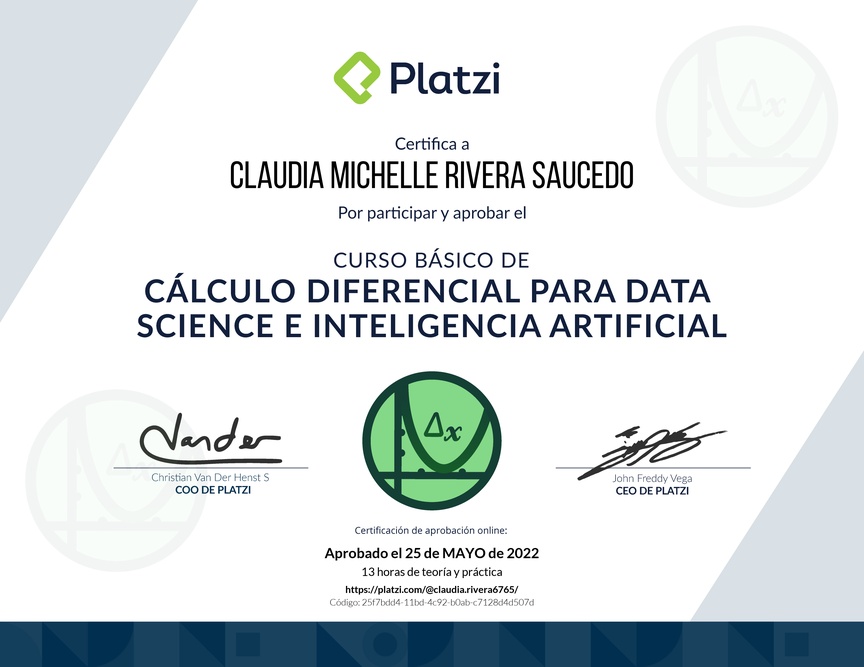 Diploma del Curso Básico de Cálculo Diferencial para Data Science e Inteligencia Artificial