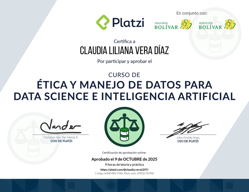 Diploma del Curso de Ética y Manejo de Datos para Data Science e Inteligencia Artificial