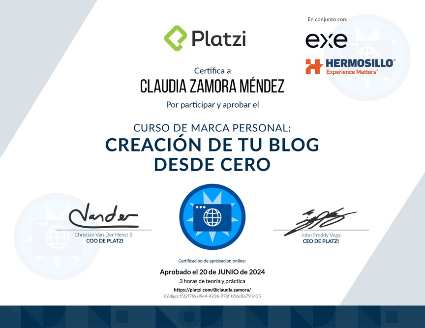 Diploma del Curso de Creación y Gestión de Blogs para Marca Personal