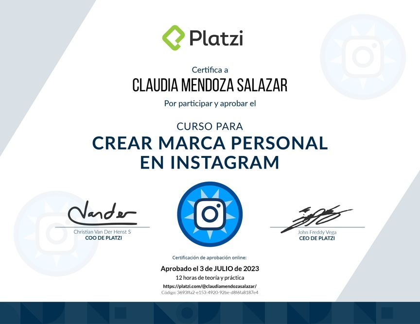 Diploma del Curso de Desarrollo de Marca Personal en Instagram