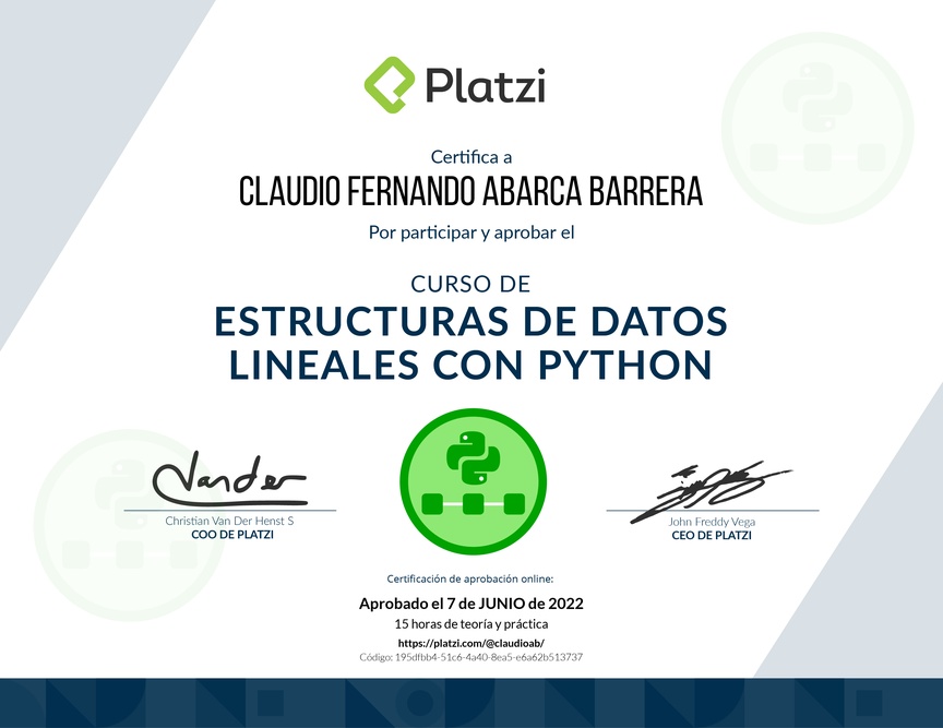 Diploma del Curso de Estructuras de Datos Lineales con Python