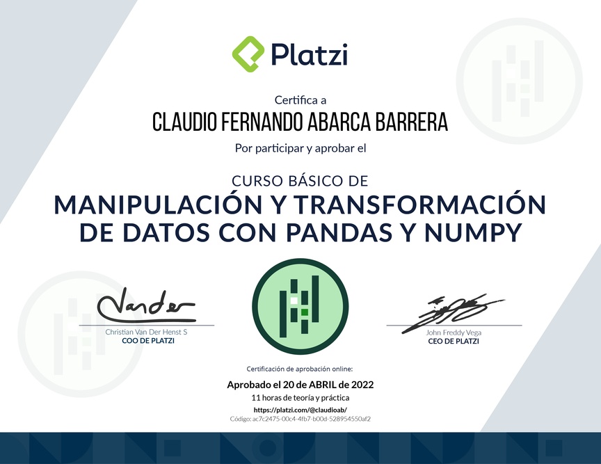 Diploma del Curso de Manipulación y Transformación de Datos con Pandas y NumPy