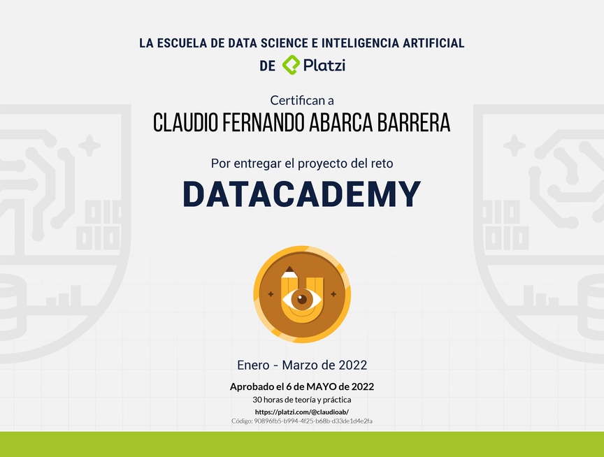 Diploma de Proyecto del #PlatziChallenge Datacademy 2022