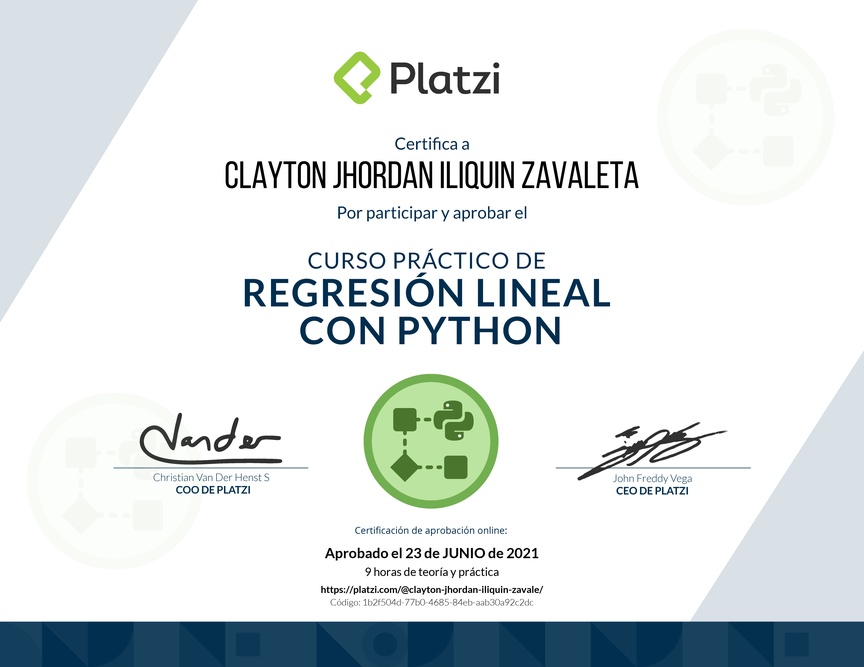 Diploma del Curso Práctico de Regresión Lineal con Python