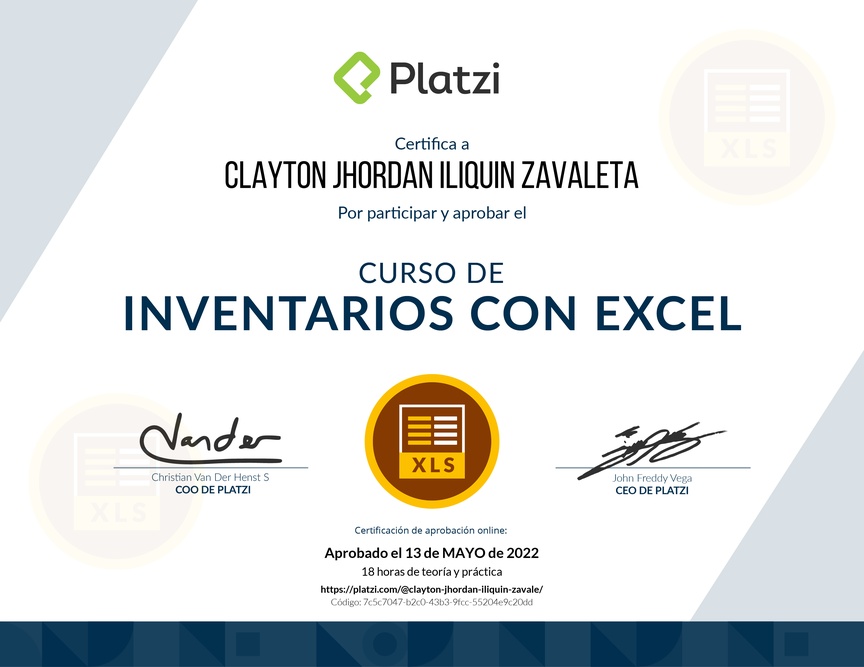 Diploma del Curso de Inventarios con Excel