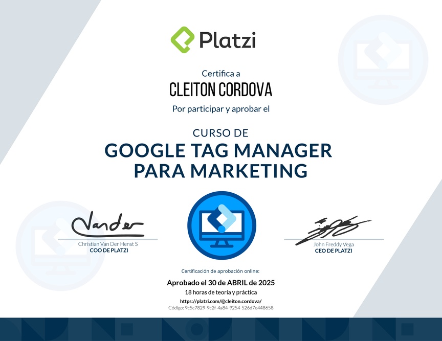 Diploma del Curso de Google Tag Manager para Marketing