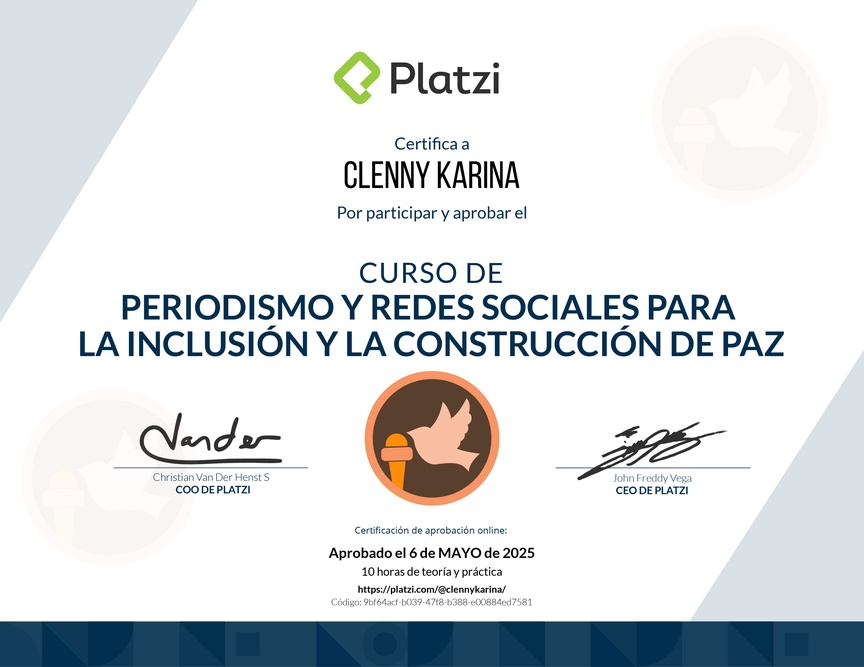 Diploma del Curso de Periodismo y Redes Sociales para la Inclusión y la Construcción de Paz