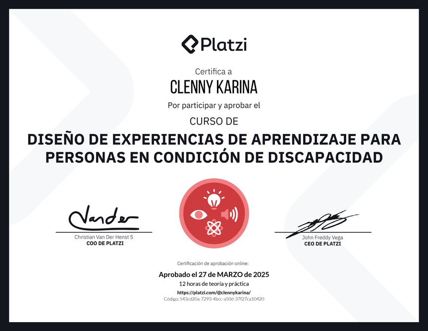Diploma del Curso de Diseño de Experiencias de Aprendizaje para Personas en Condición de Discapacidad