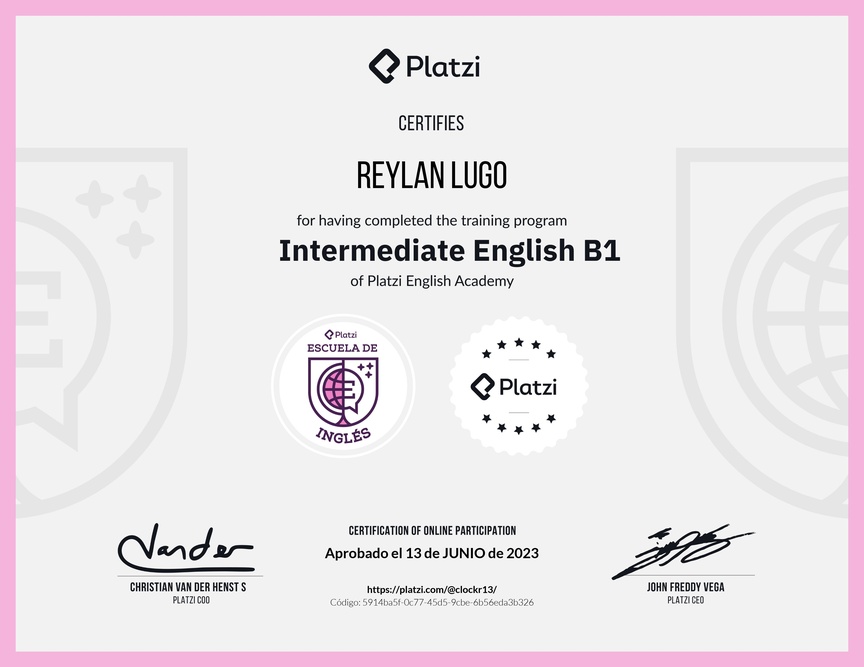Diploma de la Ruta de Aprendizaje de Inglés Intermedio B1