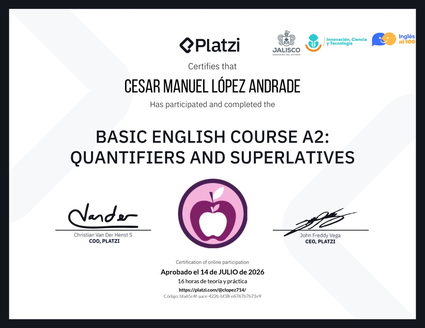Diploma del Curso de Inglés Básico A2: Cuantificadores y Superlativos
