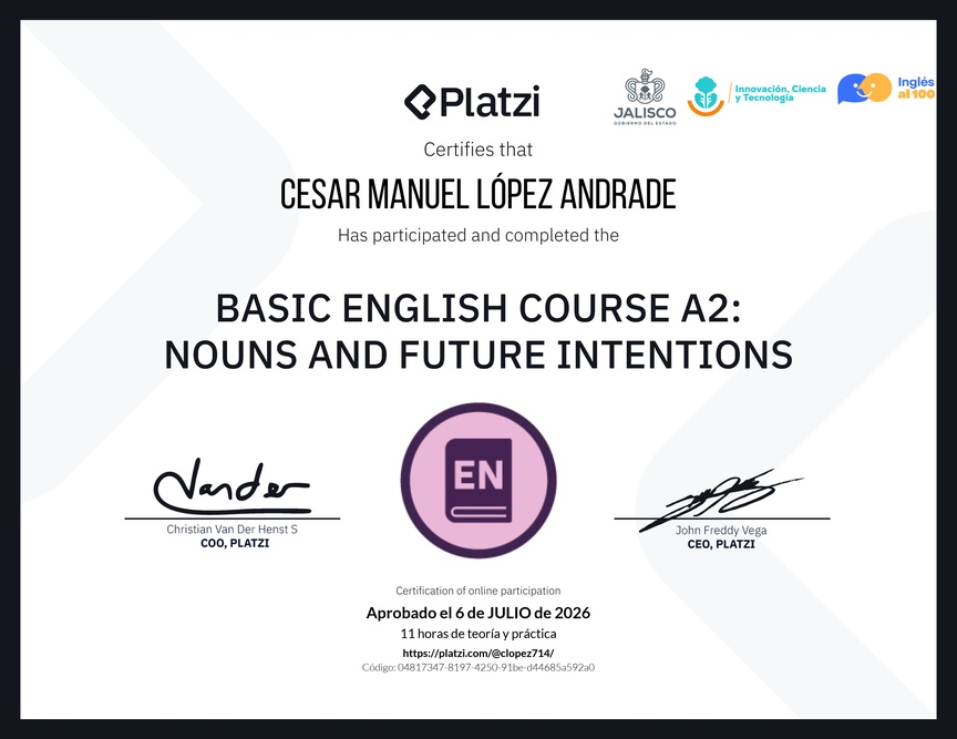 Diploma del Curso de Inglés Básico A2: Sustantivos e Intenciones Futuras