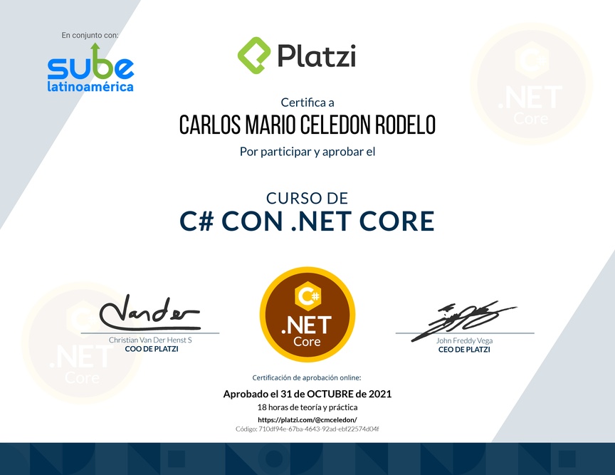 Diploma del Curso de C# con .Net Core 2.1