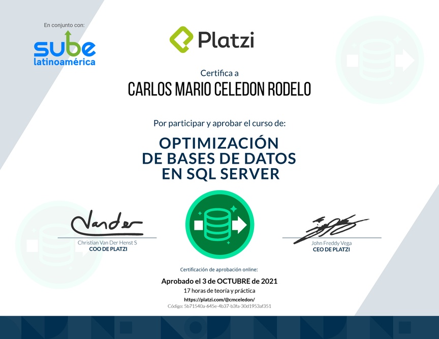 Diploma del Curso de Optimización de Bases de Datos en SQL Server