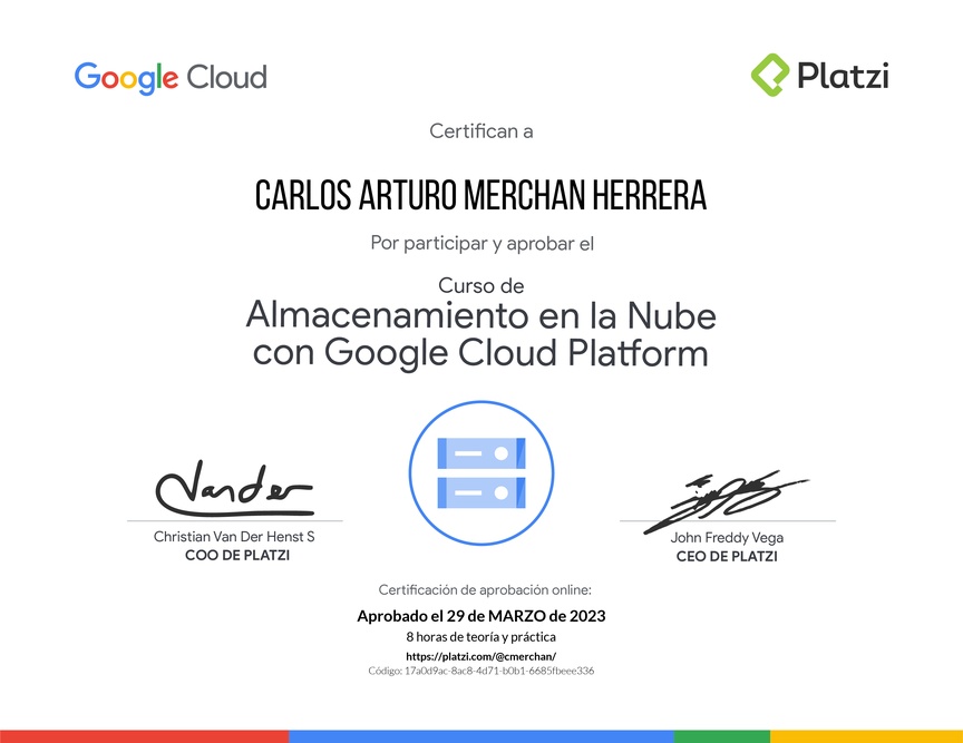 Diploma del Curso de Almacenamiento en la Nube con Google Cloud Platform