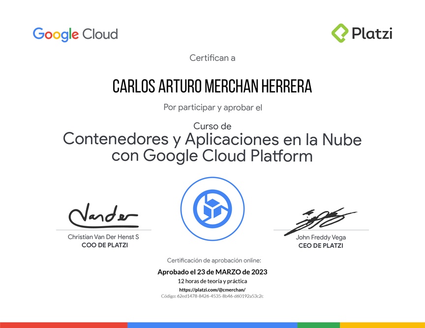 Diploma del Curso de Contenedores y Aplicaciones en la Nube con Google Cloud Platform