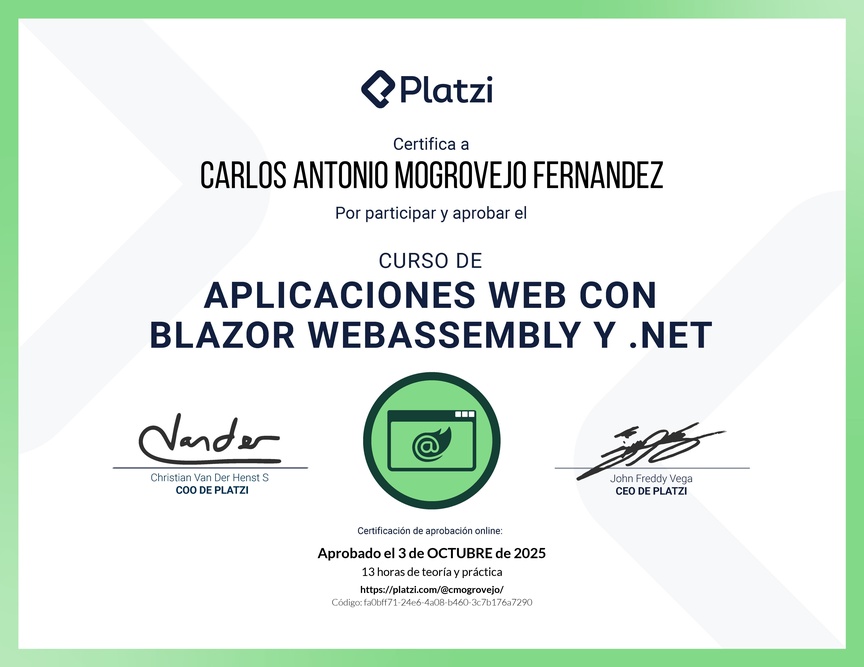 Diploma del Curso de Aplicaciones Web con Blazor WebAssembly y .NET