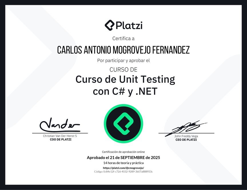 Diploma del Curso de Unit Testing con C# y .NET