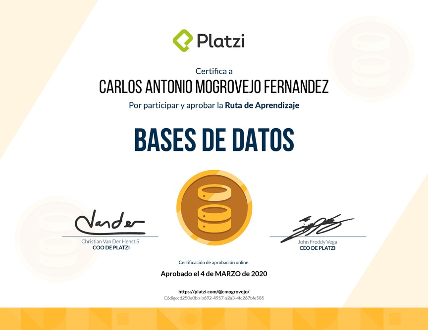 Diploma de la Ruta de Aprendizaje de Bases de datos desde cero