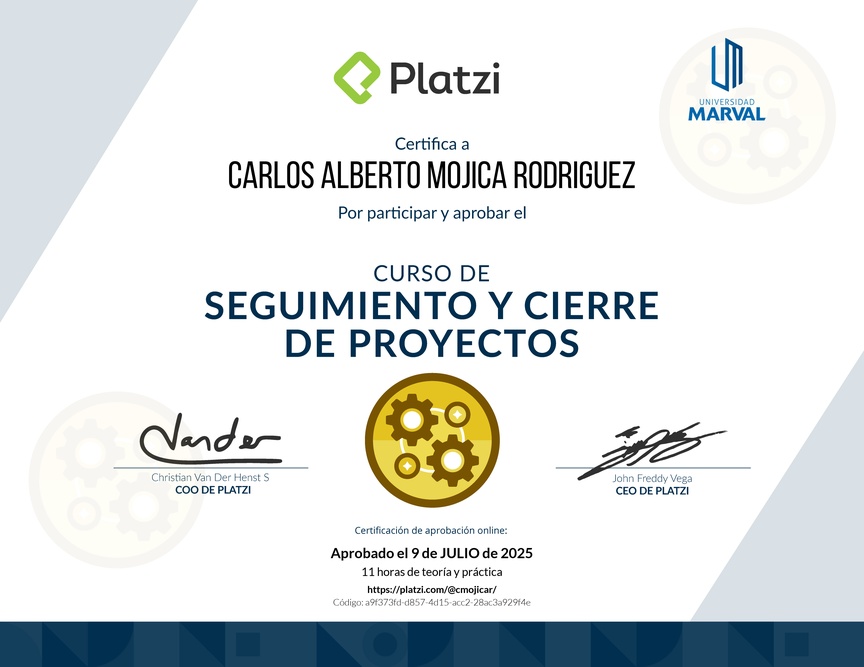 Diploma del Curso de Seguimiento y Cierre de Proyectos