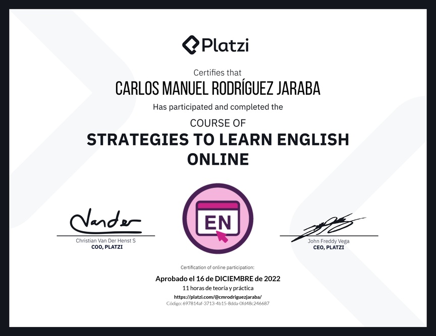 Diploma del Curso Gratis de Estrategias para Aprender Inglés en Línea