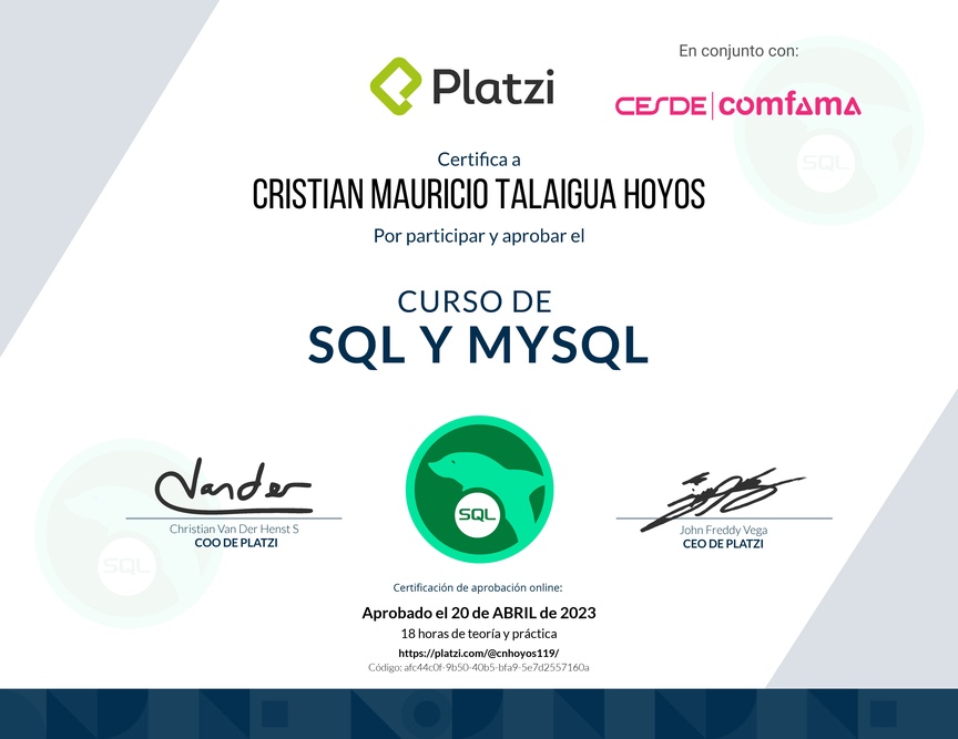 Diploma del Curso de SQL y MySQL 2018