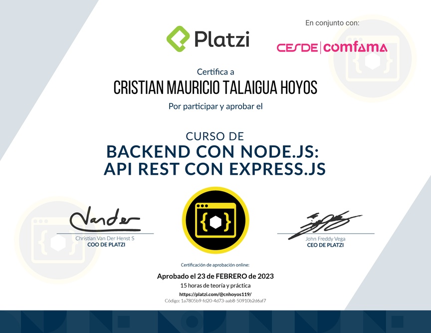 Diploma del Curso de Backend con Node.js: API REST con Express.js