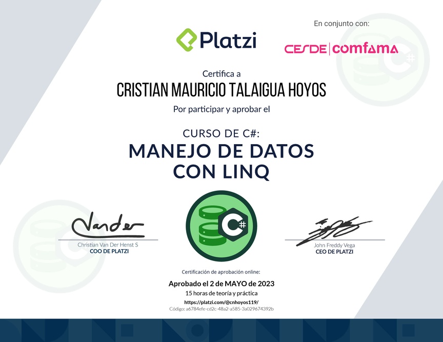 Diploma del Curso de Manejo de Datos en C# con LINQ